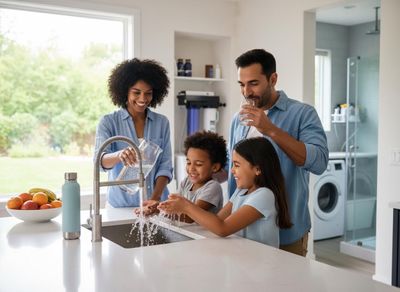 Happy family of four in a bright kitchen, using water. Mother fills a pitcher, children play in the sink, father drinks water. Family enjoying fresh water in their modern kitchen