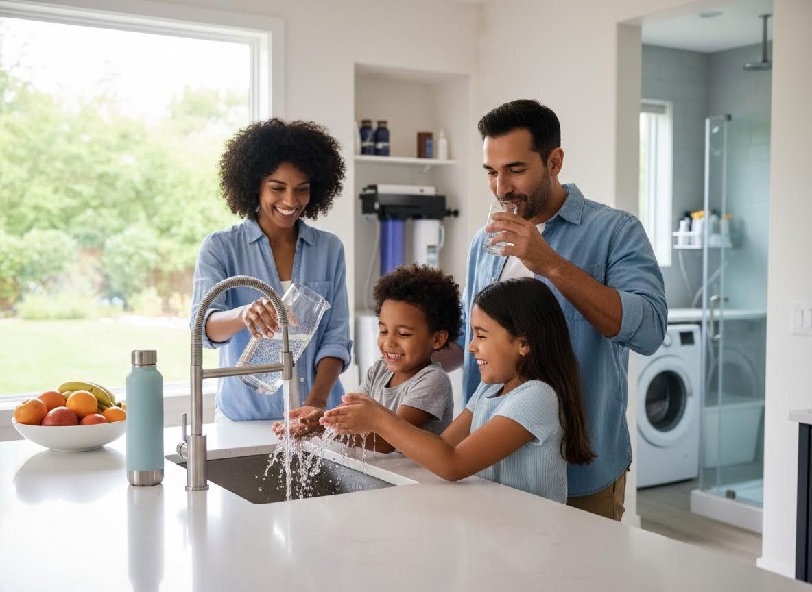 Family enjoying fresh water in their modern kitchen
