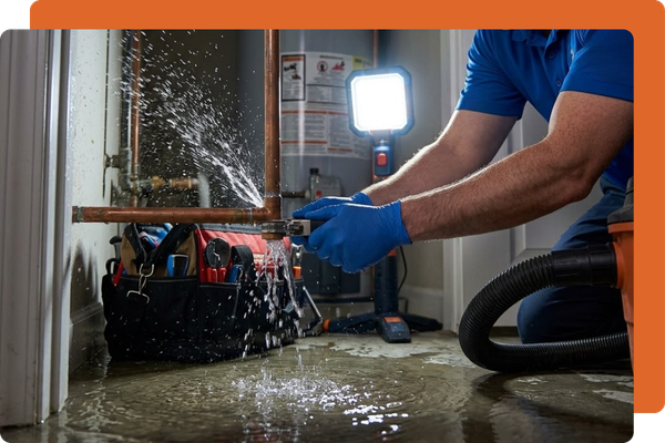 Close-up of a Jump 2 It Plumbing emergency technician quickly applying a repair clamp to a burst pipe during a nighttime residential plumbing crisis.