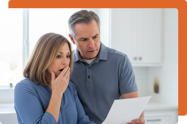 two homeowners looking shocked by a water notice