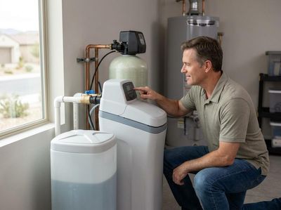 A man kneels to adjust the settings on a home water softener system, with a water heater in the background. Man checking water softener system