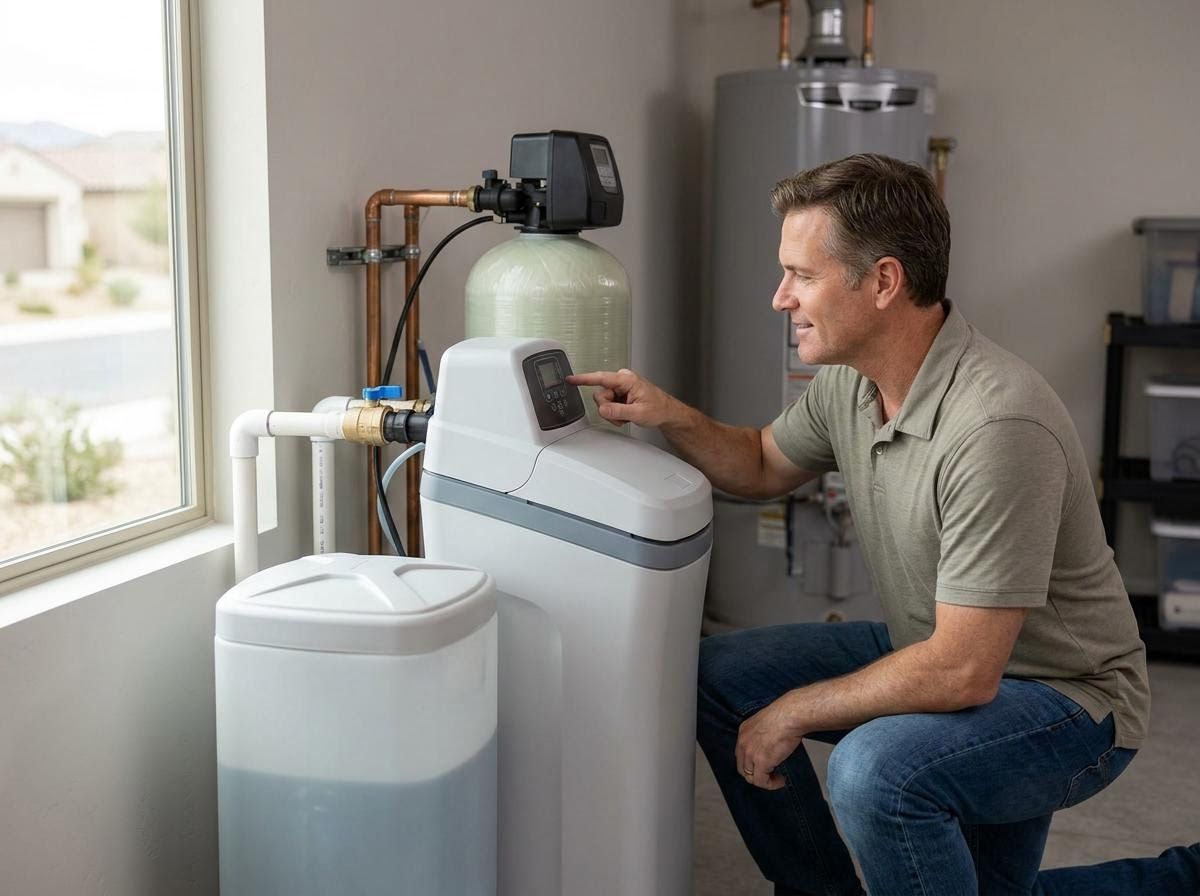 Man checking water softener system