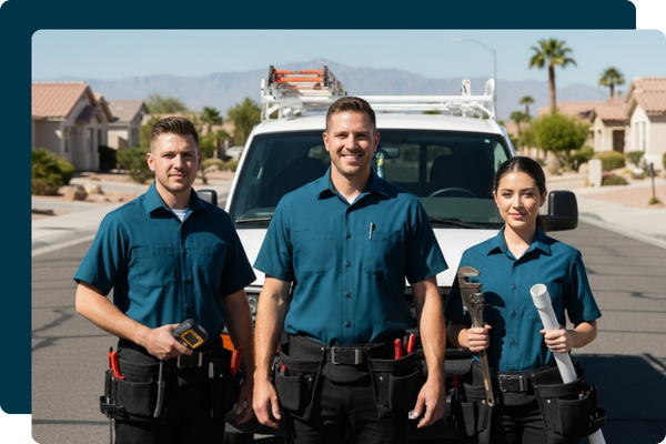 three plumbers standing in front of a van