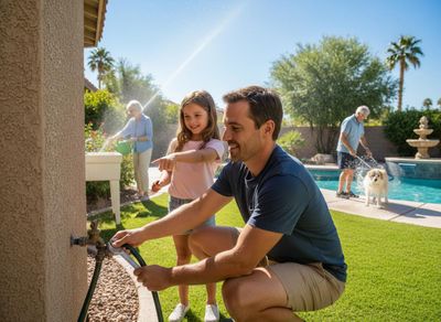 A man connects a hose while a girl points, an elderly woman waters plants, and an elderly man hoses a dog by a pool. Multi-generational family enjoying outdoor activities in their backyard with a pool and artificial turf.