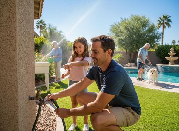 A man connects a hose while a girl points, an elderly woman waters plants, and an elderly man hoses a dog by a pool. Multi-generational family enjoying outdoor activities in their backyard with a pool and artificial turf.