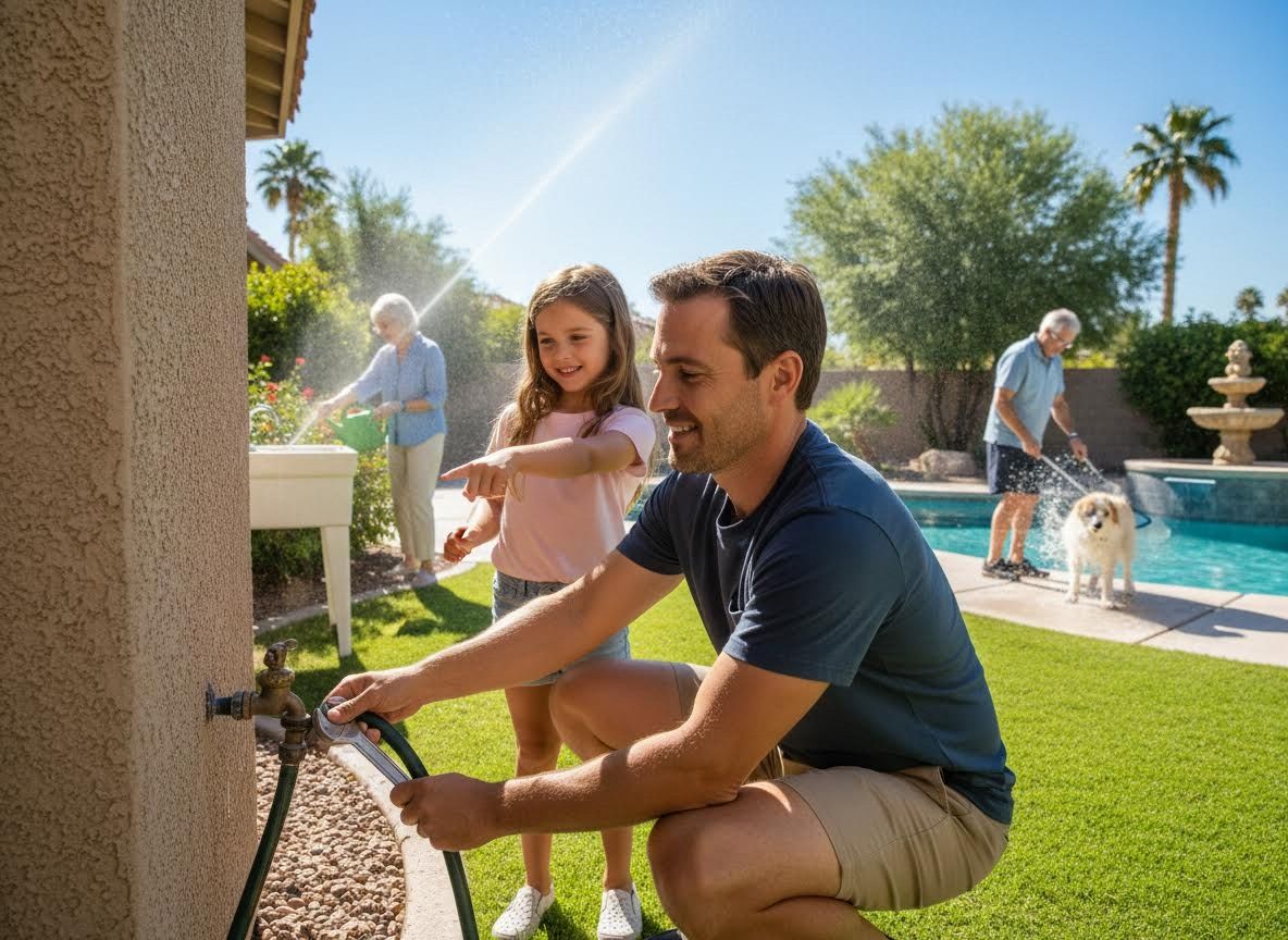 Multi-generational family enjoying outdoor activities in their backyard with a pool and artificial turf.