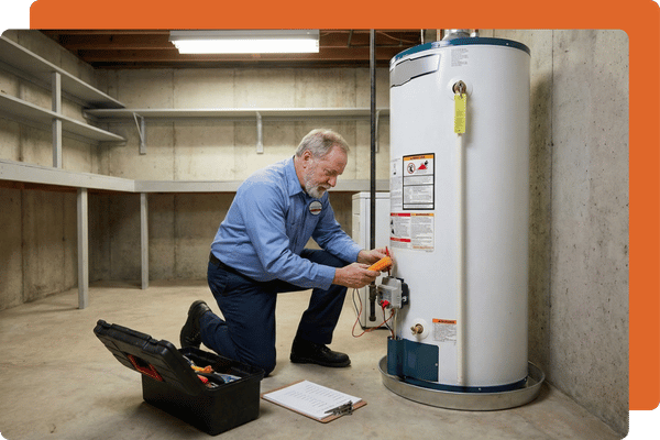 A plumber kneeling to inspect and repair a residential gas water heater in a Las Vegas home.