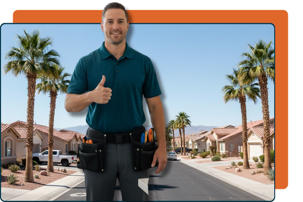 a plumber giving a thumbs up in front of a Las Vegas residential neighborhood