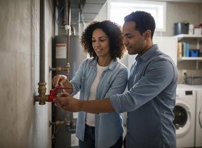 A smiling African American couple in their basement inspects a red water shut-off valve on a pipe. A water heater and laundry machines are visible. Couple Checking Water Valve in Utility Room