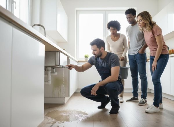 Plumber fixing leaky kitchen sink watched by homeowners