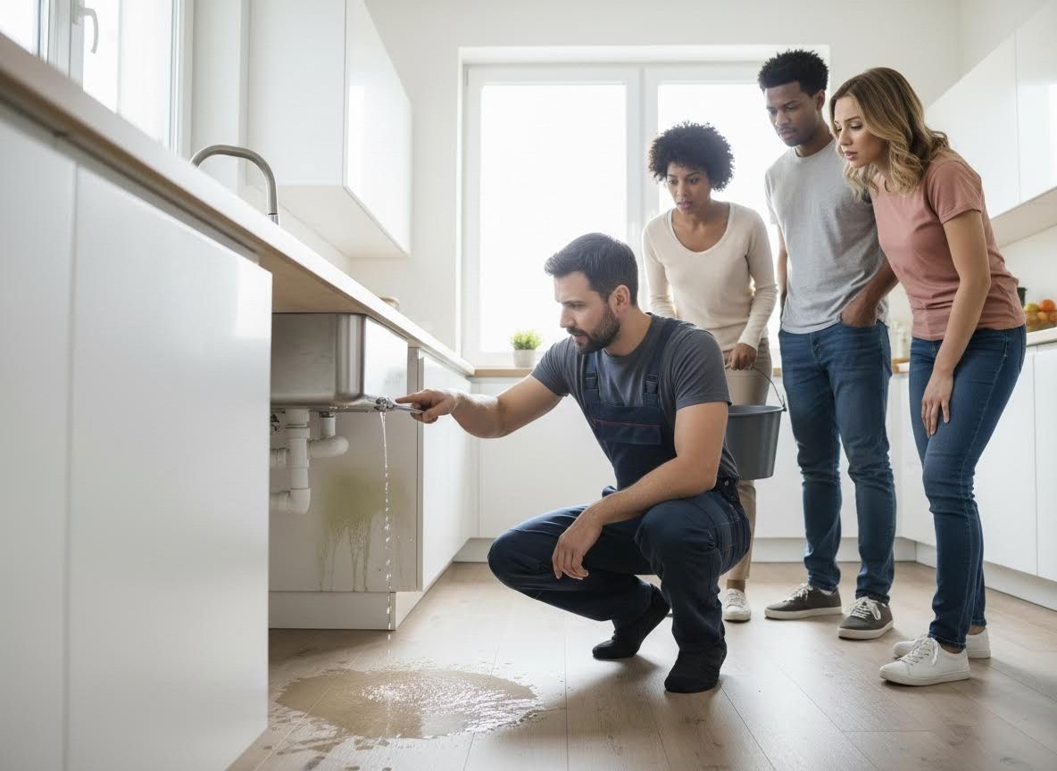Plumber fixing leaky kitchen sink watched by homeowners