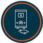 Graphic icon of a water heater with a water leak symbol, representing emergency repair services.