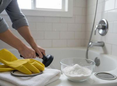Person Plunging Bathtub Drain with Cleaning Supplies