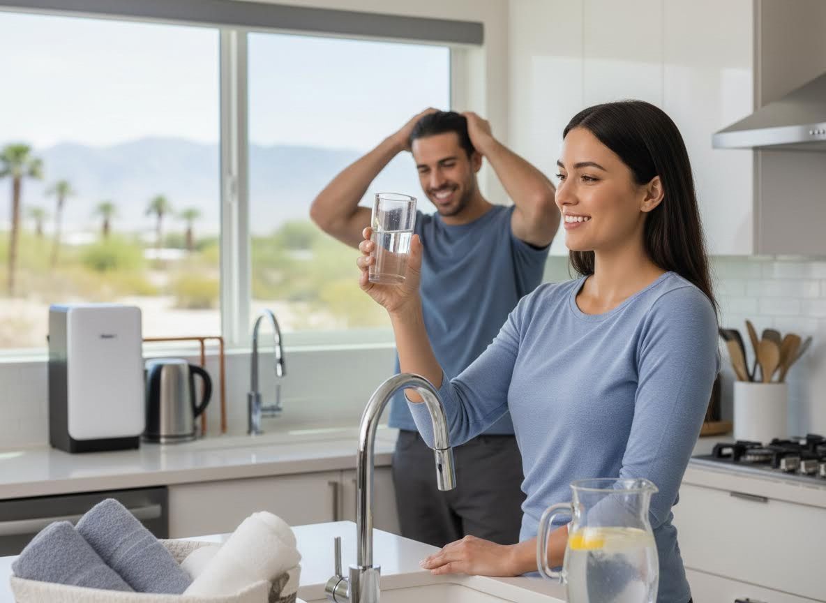 Couple enjoying fresh water in a modern kitchen