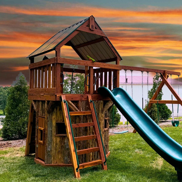 A backyard with a playset