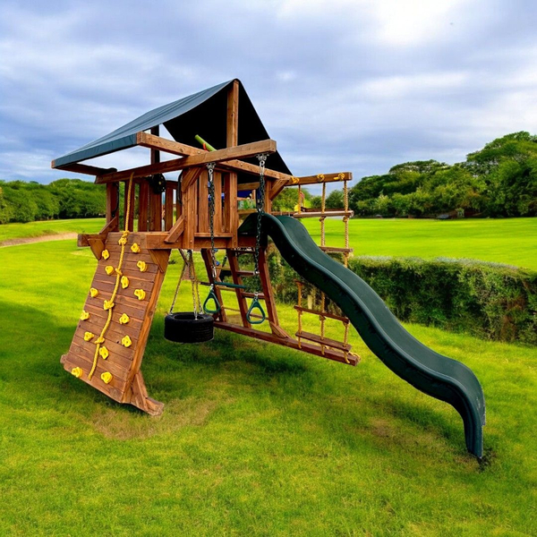 A playset with a climbing wall