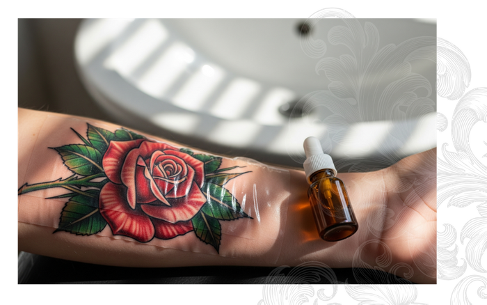 freshly bandaged tattoo on an arm