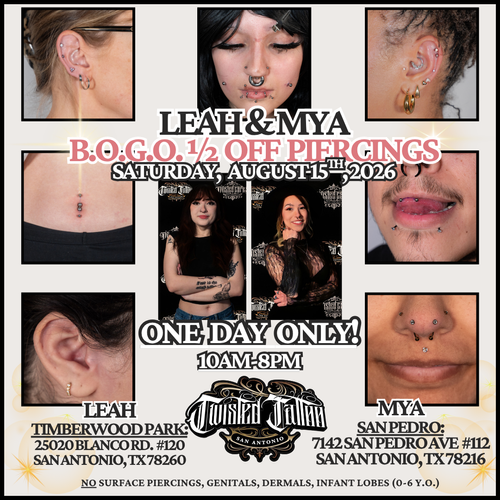 Twisted Tattoo Website BUY ONE GET ONE 1/2 OFF PIERCINGS B.O.G.O. DEAL