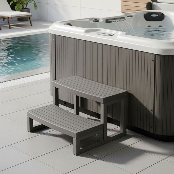 Sturdy, modern hot tub steps providing easy access next to a hot tub. Sturdy, modern hot tub steps providing easy access next to a hot tub.