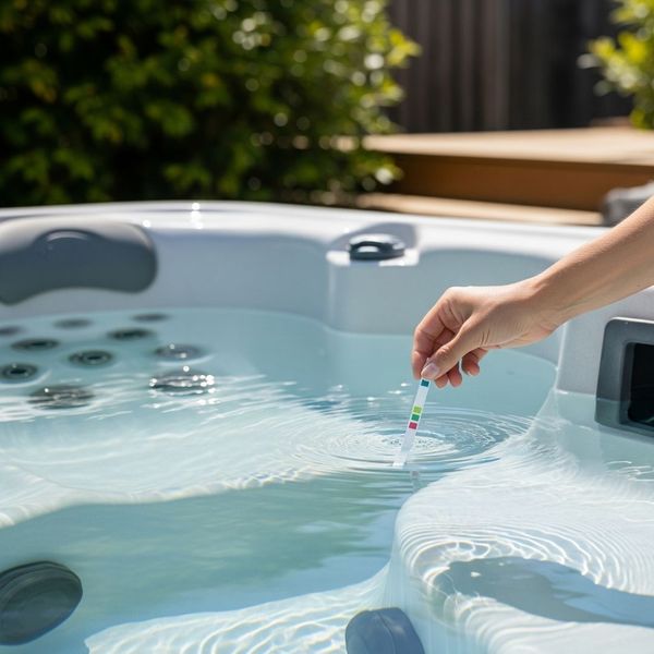 person using a test strip to check the spa water person using a test strip to check the spa water