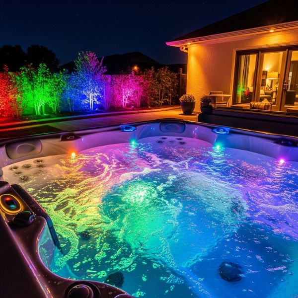 Hot tub at night with vibrant, multi-colored LED lights illuminating the water, creating an inviting ambiance. Hot tub at night with vibrant, multi-colored LED lights illuminating the water, creating an inviting ambiance.