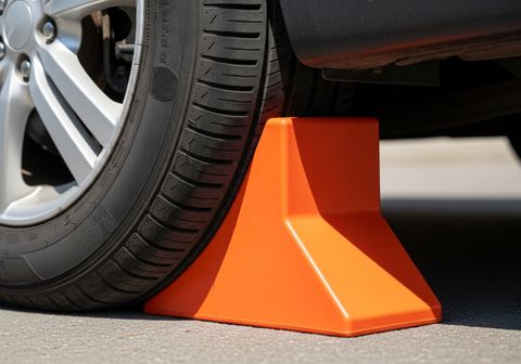 a bright orange wheel block is firmly placed against a car's tire. a bright orange wheel block is firmly placed against a car's tire.