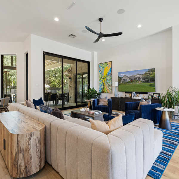 Modern living room with blue accents