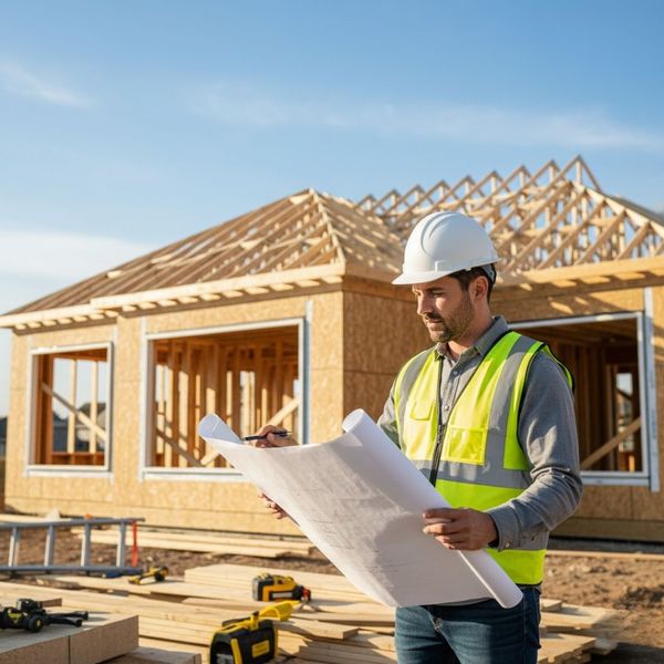 builder looking at plans outside framed home