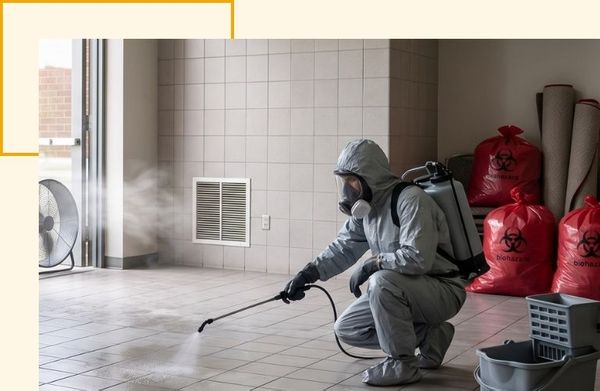 a worker decontaminating a public area of tear gas residue