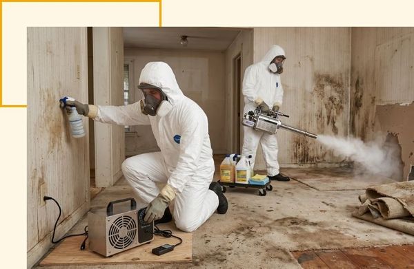 workers in biohazard suits cleaning an abandoned, dirty space